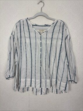 Nili Lotan Embroidered Peasant Top Blouse Cotton White Blue XS Button Up